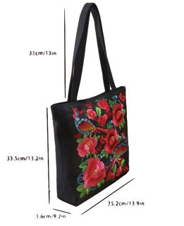 Red Flower & Bird Embroidered Tote Bag