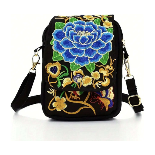 Blue Flower Embroidered Crossbody Bag