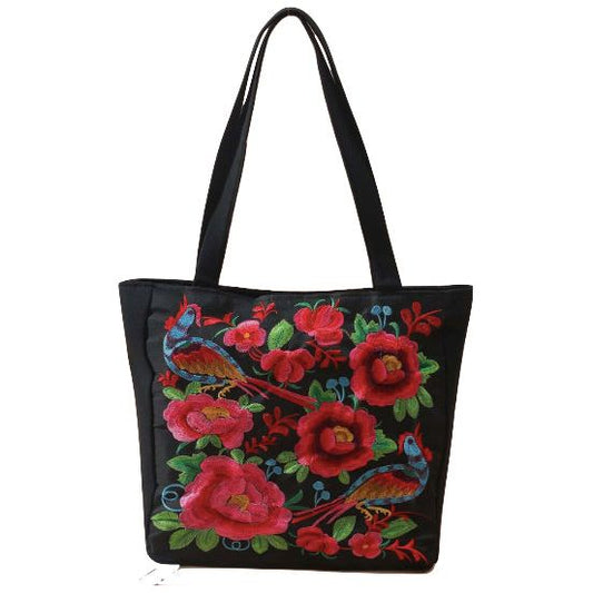 Red Flower & Bird Embroidered Tote Bag
